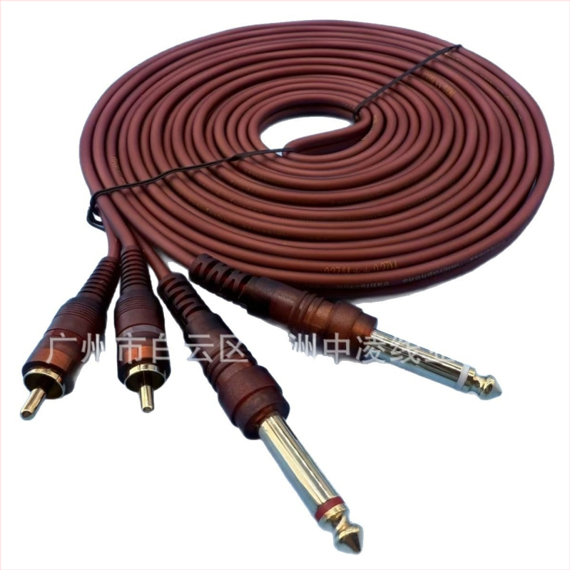 5 m smeđi zaštićeni dvostruki audio kabel: 6,35 mm na 2 RCA i 6,5 mm na dvostruko RCA za mikser