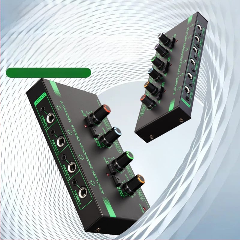 Amplificator pentru căști cu patru canale, comutator mono/stereo, divizor mini de semnal, microfon și instrument muzical