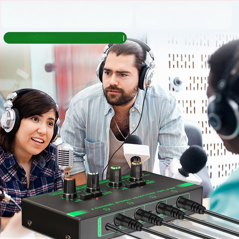 Amplificator pentru căști cu patru canale, comutator mono/stereo, divizor mini de semnal, microfon și instrument muzical