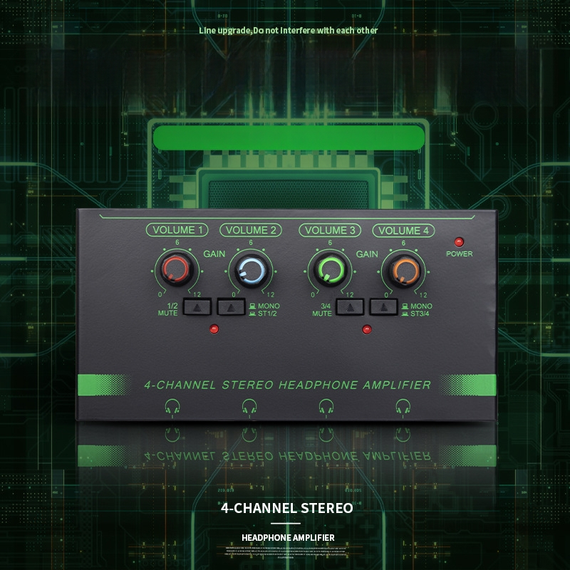 Amplificator pentru căști cu patru canale, comutator mono/stereo, divizor mini de semnal, microfon și instrument muzical