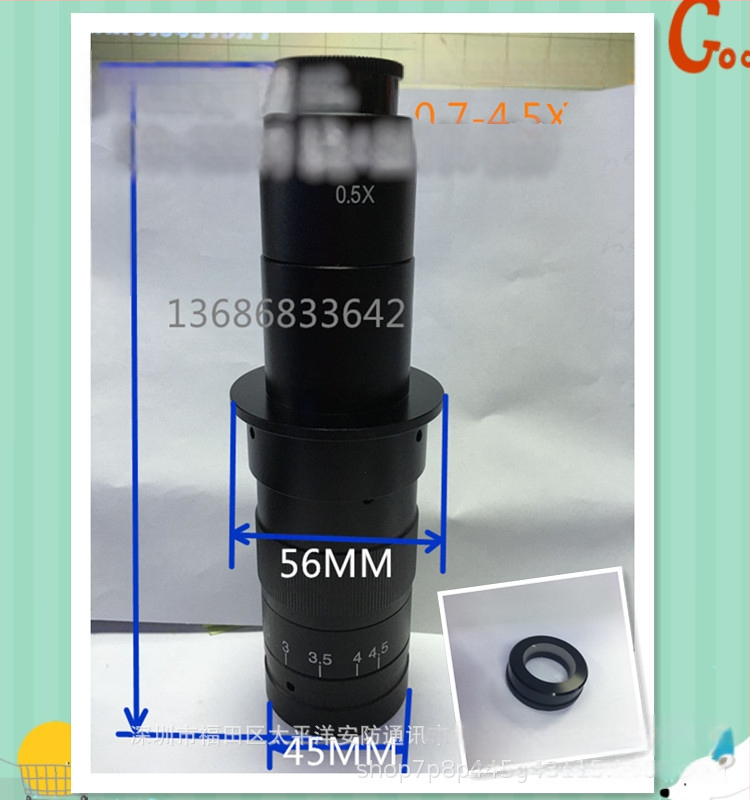600X kontinuirani zoom industrijski mikroskopski objektiv s monocularnim okularom 0.7x-4.5x, 300x povećanje, 10A mikroskopski objektiv, 1x