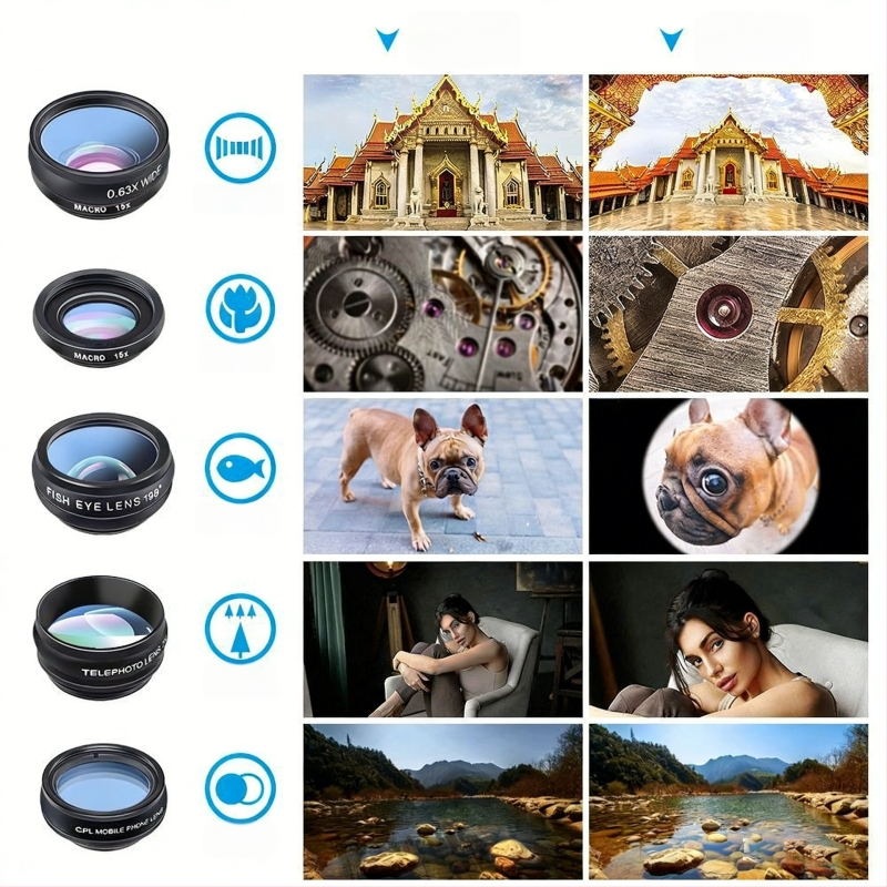 Σετ εξωτερικών φακών για κινητό: fisheye, ευρυγώνιος, makro και τηλεφακός με extension φίλτρο, 3-σε-1 και 10-σε-1