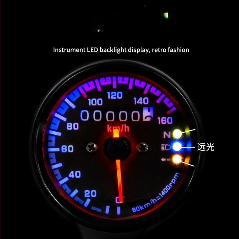 Retro kilometar za motocikl s LED dvobojnim indikatorima, raspon 0–160, 12V