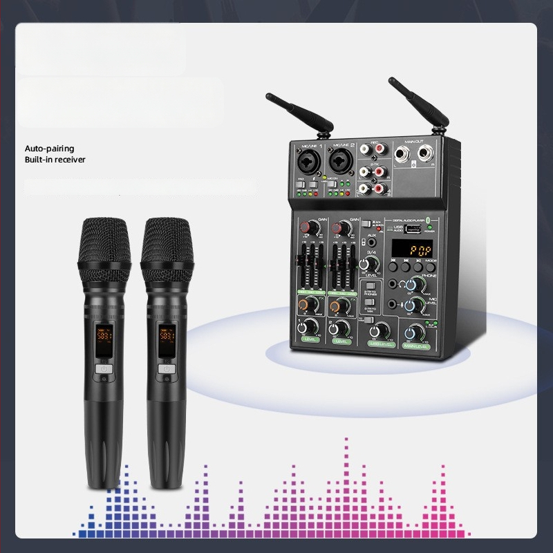 Mixer cu 4 canale, microfon wireless, interfață audio USB pentru calculator, înregistrare, setup compact pentru streaming live cu reverb Bluetooth