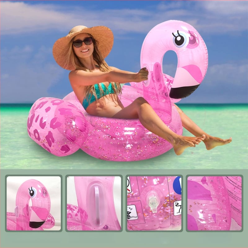PVC napuhani flamingo sa šljokicama, plivajući ležaljka za bazen, velikog formata, za odrasle, prozirna