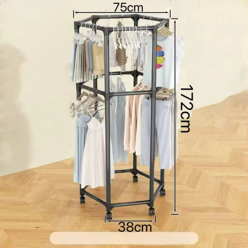 Padlón álló szárítórács, hexagonális 16 csővel, görgőkkel mozgatható, forgó, és szárító hálóval