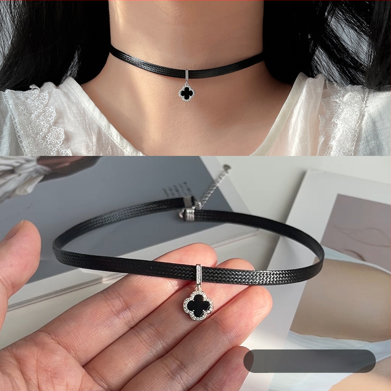 Srebro 925, ogrlica s četverolisnom djetelinom, crni kaiš za vrat, japansko-korejski stil, unisex
