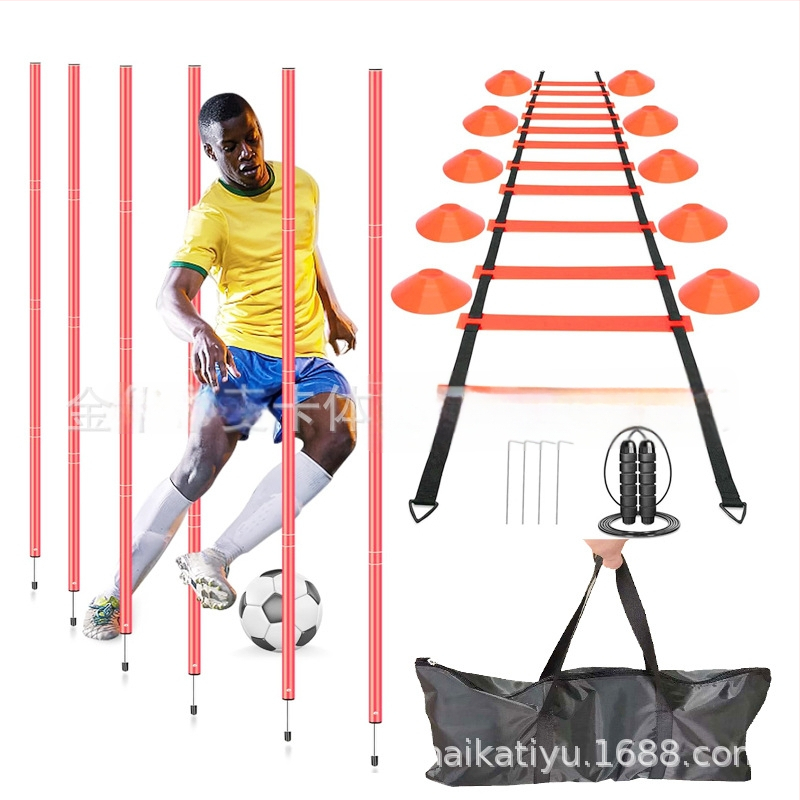Maka set opreme za trening nogometa i košarke: označivački stupovi, okretna šipka za košarkaške vježbe, odvojivi zemljani kolci, set agilnosti s užetom