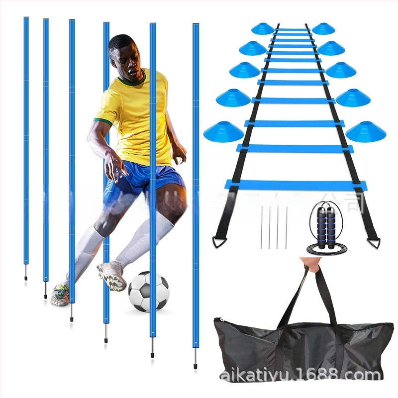 Maka set opreme za trening nogometa i košarke: označivački stupovi, okretna šipka za košarkaške vježbe, odvojivi zemljani kolci, set agilnosti s užetom