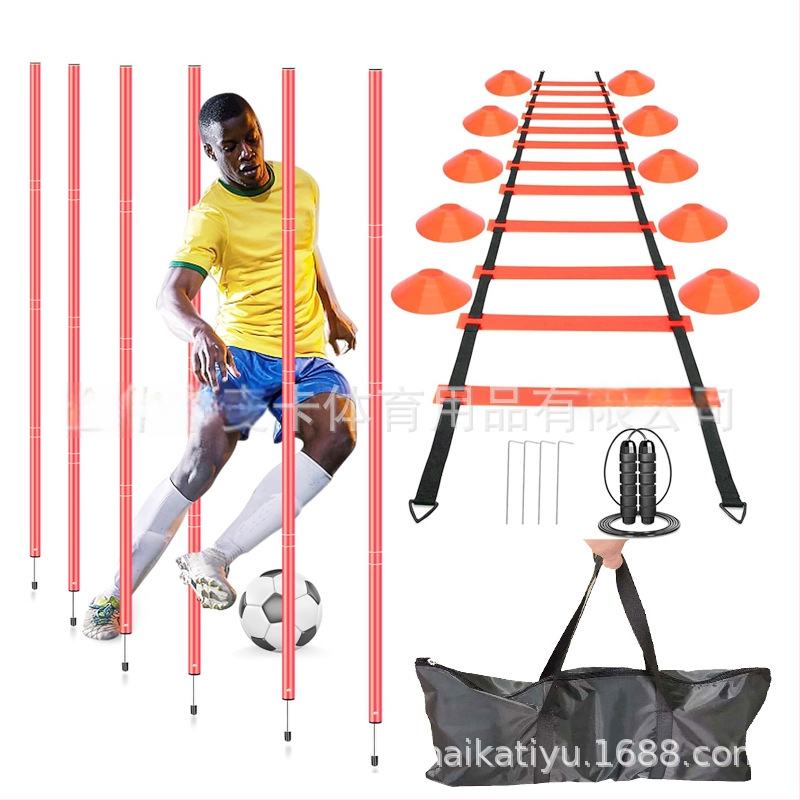 Maka set opreme za trening nogometa i košarke: označivački stupovi, okretna šipka za košarkaške vježbe, odvojivi zemljani kolci, set agilnosti s užetom