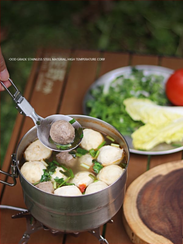 Комплект къмпинг посуда от неръждаема стомана 304, преносим сгъваем многофункционален прибор за готвене за 3–5 души