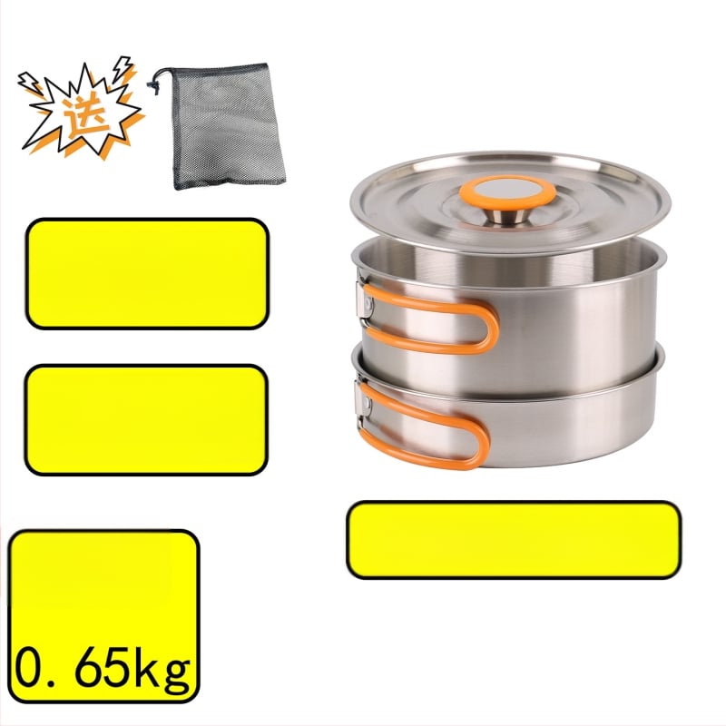 XLHW-156 Портативен комплект къмпинг съдове от неръждаема стомана: тиган, тенджера и чайник за 3–7 души (стил матрьошка)