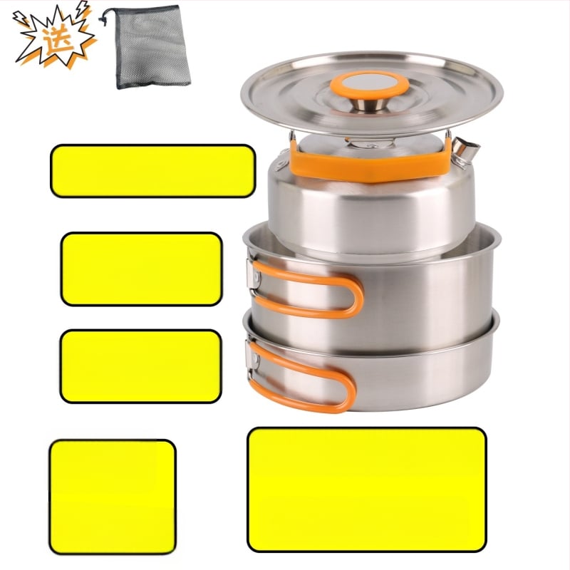 XLHW-156 Портативен комплект къмпинг съдове от неръждаема стомана: тиган, тенджера и чайник за 3–7 души (стил матрьошка)