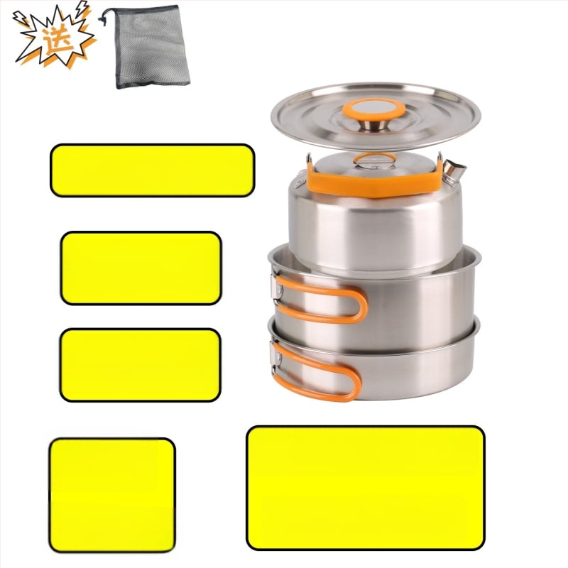 XLHW-156 Портативен комплект къмпинг съдове от неръждаема стомана: тиган, тенджера и чайник за 3–7 души (стил матрьошка)