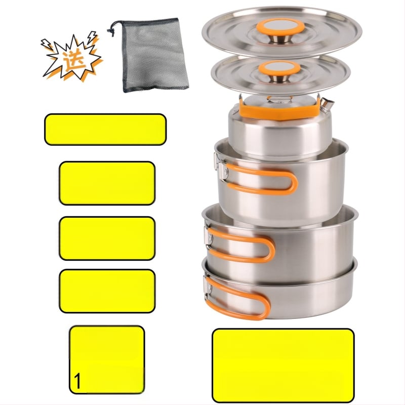 XLHW-156 Портативен комплект къмпинг съдове от неръждаема стомана: тиган, тенджера и чайник за 3–7 души (стил матрьошка)