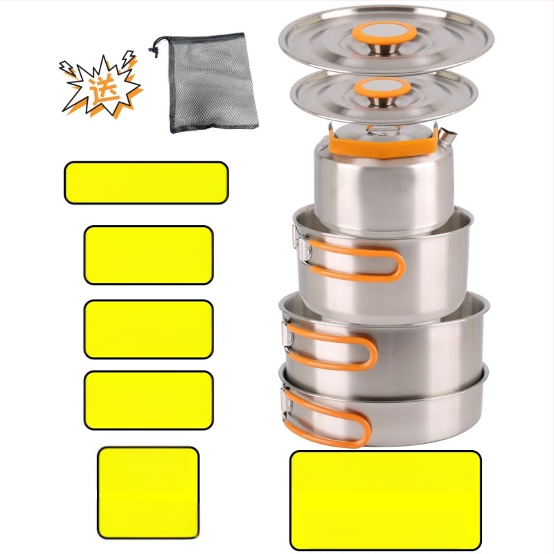 XLHW-156 Портативен комплект къмпинг съдове от неръждаема стомана: тиган, тенджера и чайник за 3–7 души (стил матрьошка)