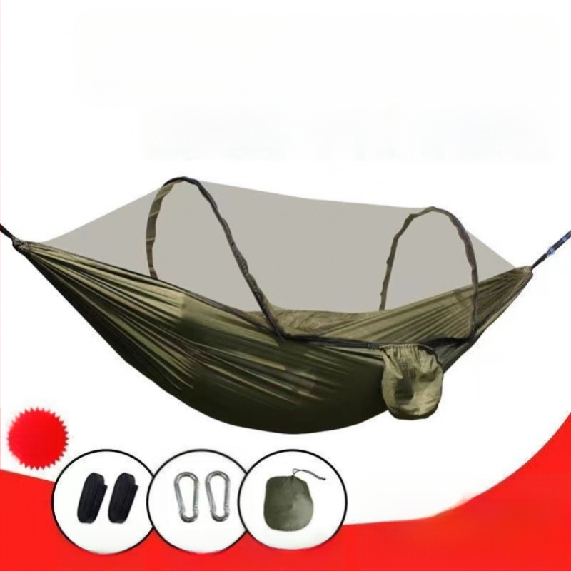 Хамак за къмпинг с мрежа против комари, бързодействащ, със стойка, парашютен плат, подходящ за единичен или двойен