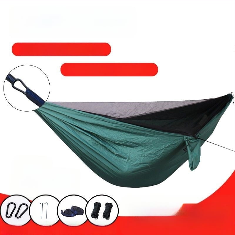 Хамак за къмпинг с мрежа против комари, бързодействащ, със стойка, парашютен плат, подходящ за единичен или двойен
