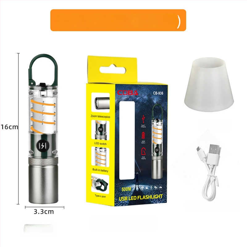 Xin Jiayi lanternă LED reîncărcabilă pentru camping cu lumină laterală COB — corp din aliaj de aluminiu, baterie 1200 mAh, rază >500 m, alimentare manuală