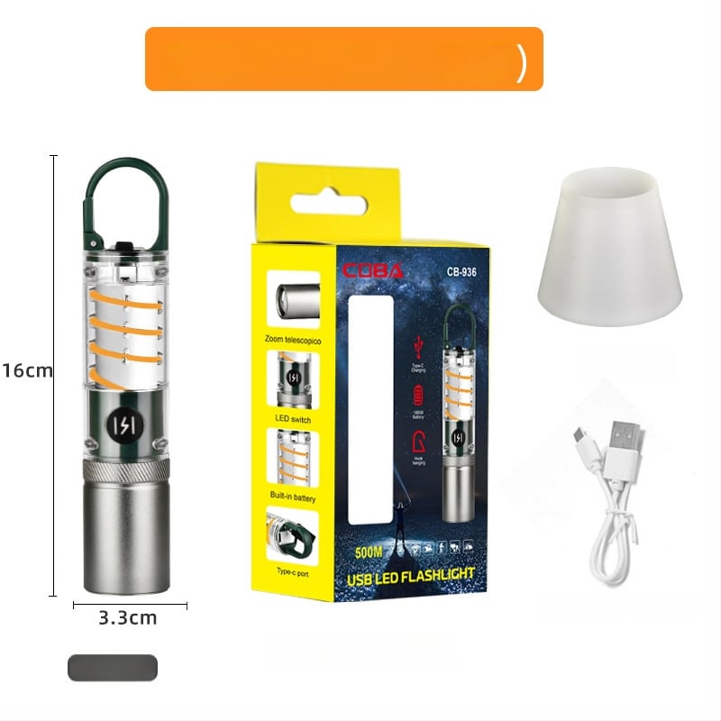 Xin Jiayi lanternă LED reîncărcabilă pentru camping cu lumină laterală COB — corp din aliaj de aluminiu, baterie 1200 mAh, rază >500 m, alimentare manuală