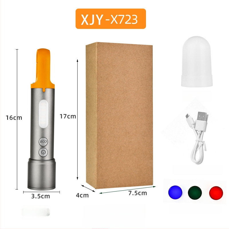 Xin Jiayi lanternă LED reîncărcabilă pentru camping cu lumină laterală COB — corp din aliaj de aluminiu, baterie 1200 mAh, rază >500 m, alimentare manuală