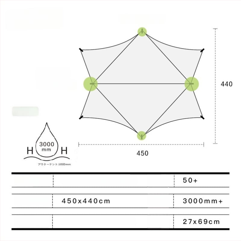 Kültéri kempingre alkalmas árnyékoló sátor pillangó alakú, Oxford szövet, 3000 mm vízállóság, kézi összeszerelés, vas váz
