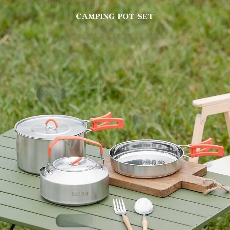Комплект за къмпинг кухненски съдове от 304 неръждаема стомана, включва преносим воден котел и тиган, Модел 985