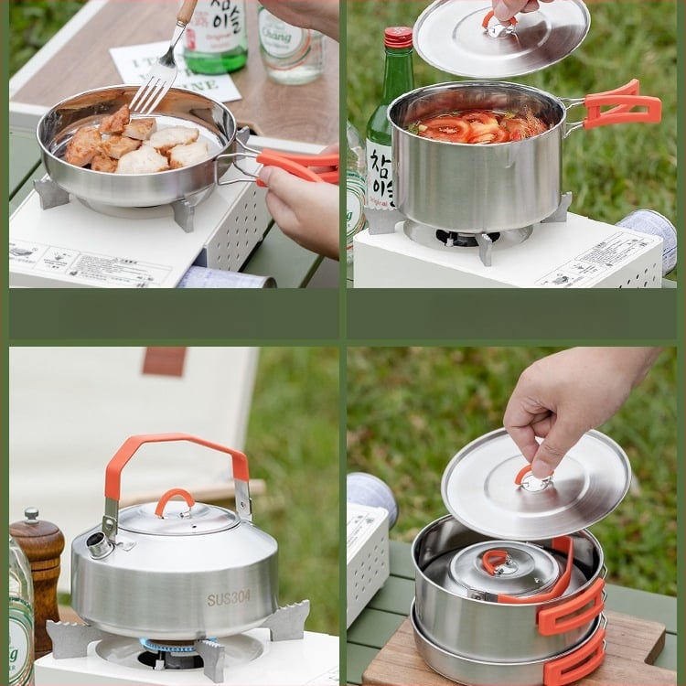 Комплект за къмпинг кухненски съдове от 304 неръждаема стомана, включва преносим воден котел и тиган, Модел 985