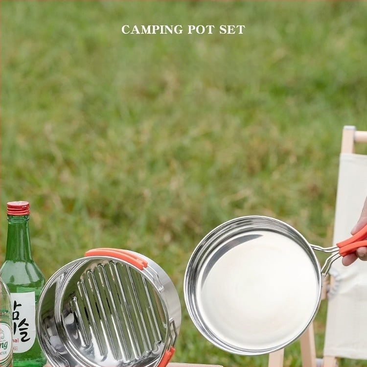 Комплект за къмпинг кухненски съдове от 304 неръждаема стомана, включва преносим воден котел и тиган, Модел 985