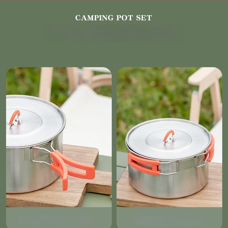 Комплект за къмпинг кухненски съдове от 304 неръждаема стомана, включва преносим воден котел и тиган, Модел 985