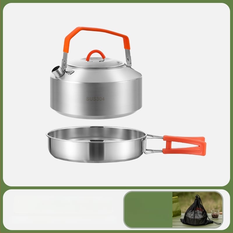 Комплект за къмпинг кухненски съдове от 304 неръждаема стомана, включва преносим воден котел и тиган, Модел 985