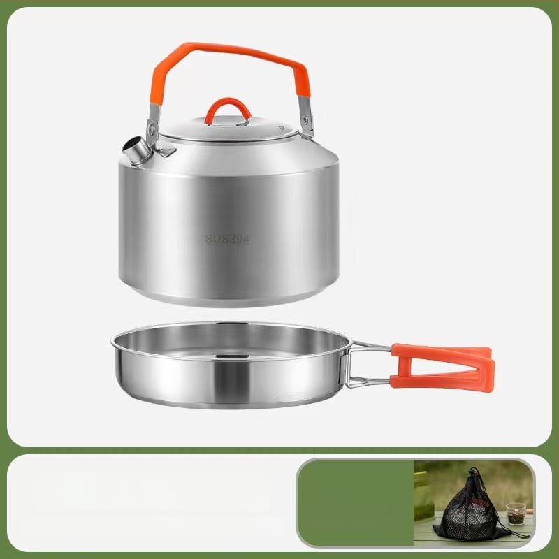 Комплект за къмпинг кухненски съдове от 304 неръждаема стомана, включва преносим воден котел и тиган, Модел 985