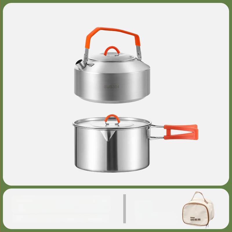 Комплект за къмпинг кухненски съдове от 304 неръждаема стомана, включва преносим воден котел и тиган, Модел 985