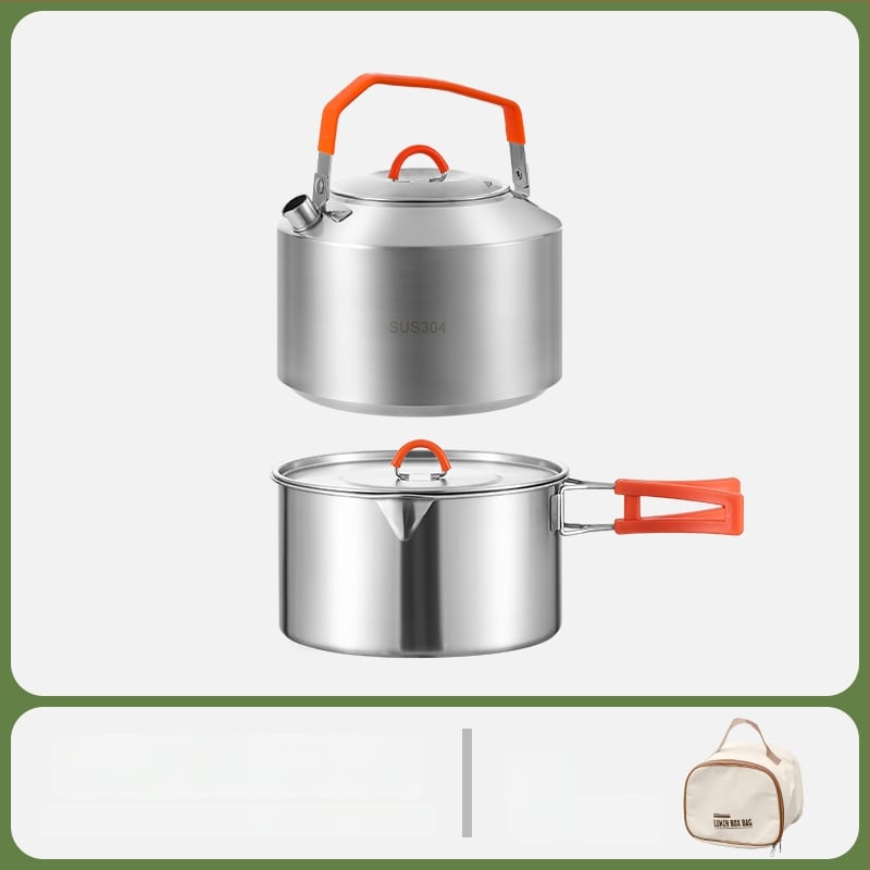 Комплект за къмпинг кухненски съдове от 304 неръждаема стомана, включва преносим воден котел и тиган, Модел 985