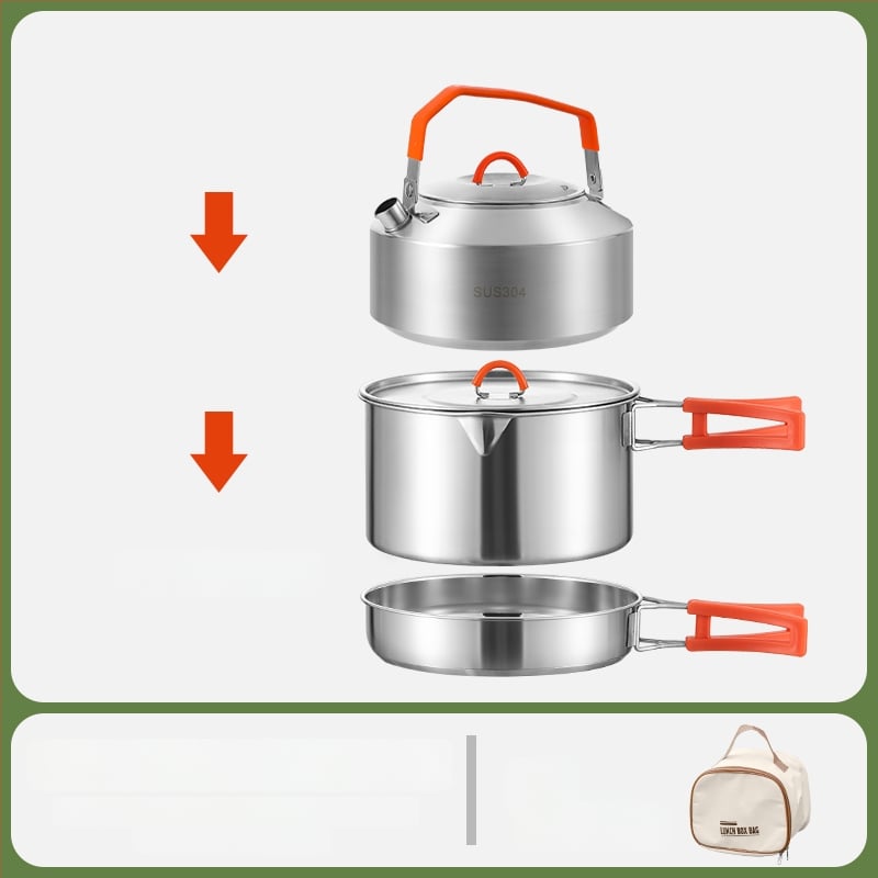 Комплект за къмпинг кухненски съдове от 304 неръждаема стомана, включва преносим воден котел и тиган, Модел 985