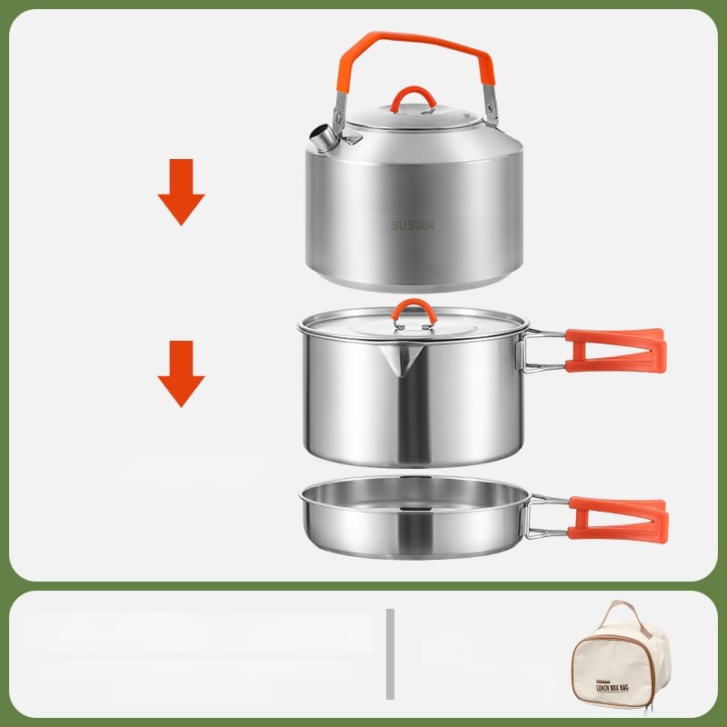 Комплект за къмпинг кухненски съдове от 304 неръждаема стомана, включва преносим воден котел и тиган, Модел 985