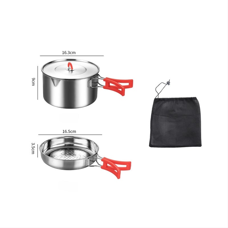 Комплект съдове за къмпинг от неръждаема стомана – преносим с сгъваема система за съхранение, включва тенджера, чайник, чаша, купа и тиган; за 1–2 души; тегло 600 г