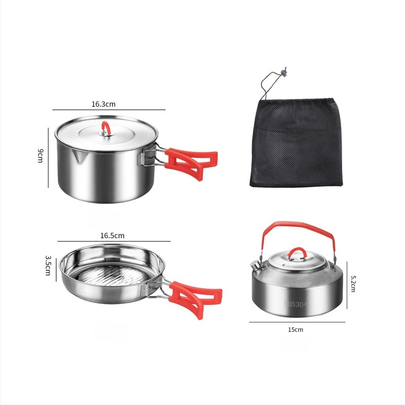 Комплект съдове за къмпинг от неръждаема стомана – преносим с сгъваема система за съхранение, включва тенджера, чайник, чаша, купа и тиган; за 1–2 души; тегло 600 г