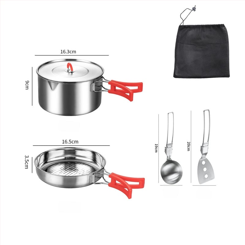 Комплект съдове за къмпинг от неръждаема стомана – преносим с сгъваема система за съхранение, включва тенджера, чайник, чаша, купа и тиган; за 1–2 души; тегло 600 г