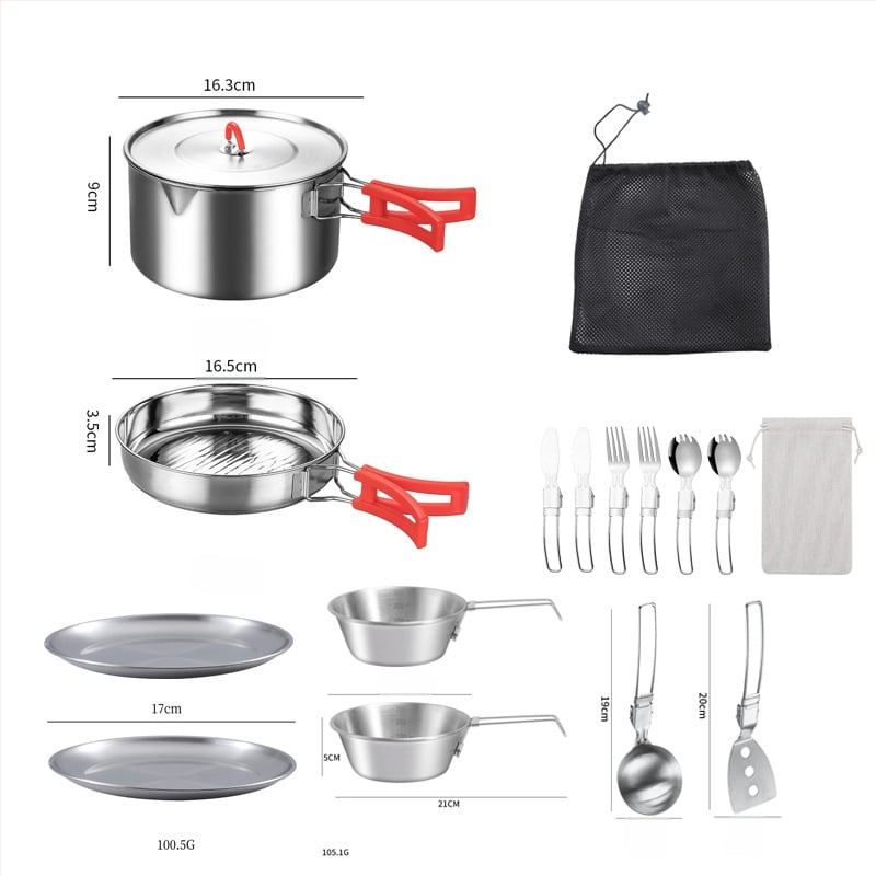 Комплект съдове за къмпинг от неръждаема стомана – преносим с сгъваема система за съхранение, включва тенджера, чайник, чаша, купа и тиган; за 1–2 души; тегло 600 г