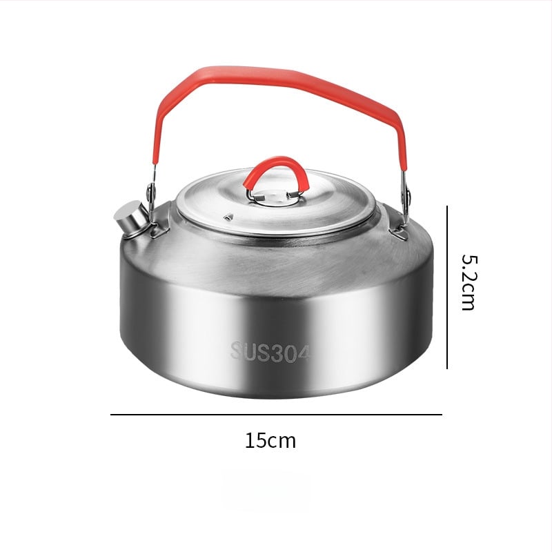 Комплект съдове за къмпинг от неръждаема стомана – преносим с сгъваема система за съхранение, включва тенджера, чайник, чаша, купа и тиган; за 1–2 души; тегло 600 г