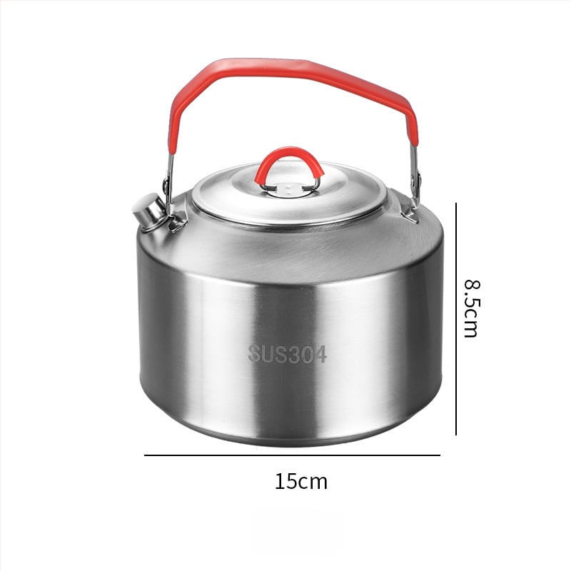 Комплект съдове за къмпинг от неръждаема стомана – преносим с сгъваема система за съхранение, включва тенджера, чайник, чаша, купа и тиган; за 1–2 души; тегло 600 г