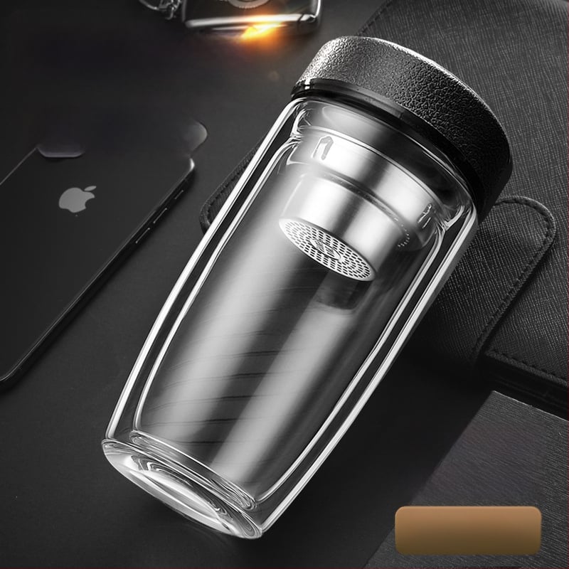 Διπλό τοίχωμα γυάλινο ποτήρι νερού από γυαλί υψηλής θερμοαντοχής με καπάκι και σουρωτήρι, ευφυής ένδειξη θερμοκρασίας, εκτυπωμένο λογότυπο, εταιρικό δώρο