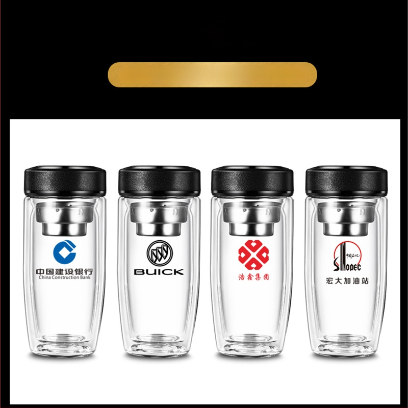 Διπλό τοίχωμα γυάλινο ποτήρι νερού από γυαλί υψηλής θερμοαντοχής με καπάκι και σουρωτήρι, ευφυής ένδειξη θερμοκρασίας, εκτυπωμένο λογότυπο, εταιρικό δώρο