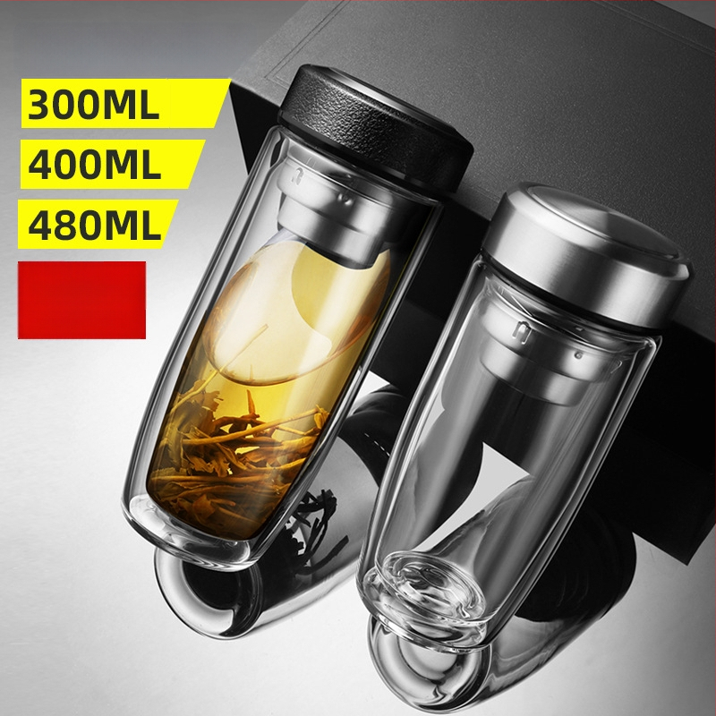 Διπλό τοίχωμα γυάλινο ποτήρι νερού από γυαλί υψηλής θερμοαντοχής με καπάκι και σουρωτήρι, ευφυής ένδειξη θερμοκρασίας, εκτυπωμένο λογότυπο, εταιρικό δώρο