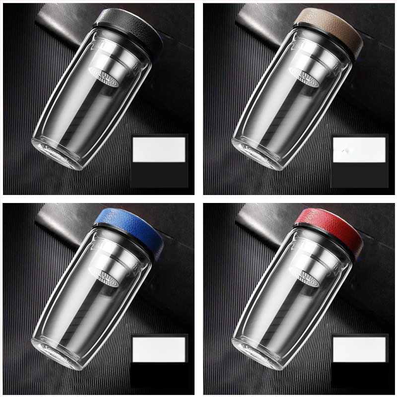 Διπλό τοίχωμα γυάλινο ποτήρι νερού από γυαλί υψηλής θερμοαντοχής με καπάκι και σουρωτήρι, ευφυής ένδειξη θερμοκρασίας, εκτυπωμένο λογότυπο, εταιρικό δώρο