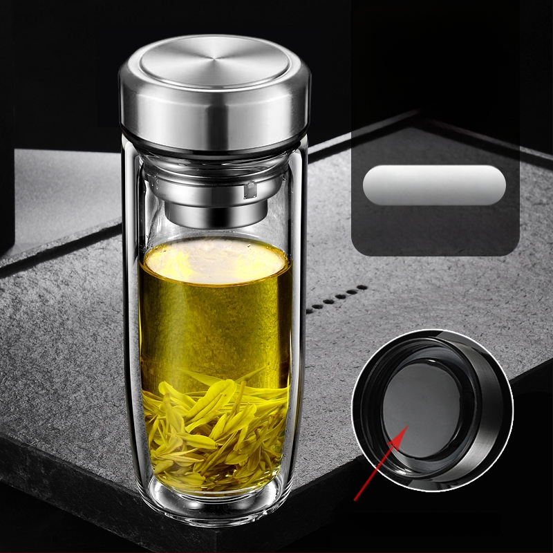 Διπλό τοίχωμα γυάλινο ποτήρι νερού από γυαλί υψηλής θερμοαντοχής με καπάκι και σουρωτήρι, ευφυής ένδειξη θερμοκρασίας, εκτυπωμένο λογότυπο, εταιρικό δώρο