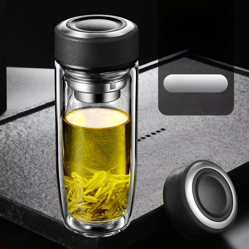 Διπλό τοίχωμα γυάλινο ποτήρι νερού από γυαλί υψηλής θερμοαντοχής με καπάκι και σουρωτήρι, ευφυής ένδειξη θερμοκρασίας, εκτυπωμένο λογότυπο, εταιρικό δώρο