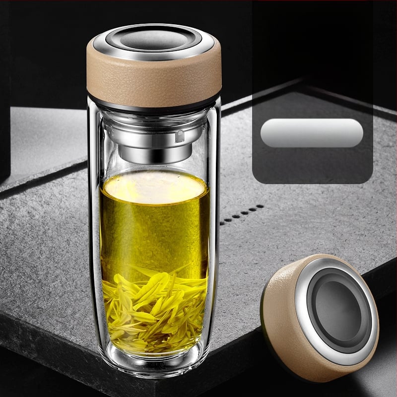 Διπλό τοίχωμα γυάλινο ποτήρι νερού από γυαλί υψηλής θερμοαντοχής με καπάκι και σουρωτήρι, ευφυής ένδειξη θερμοκρασίας, εκτυπωμένο λογότυπο, εταιρικό δώρο