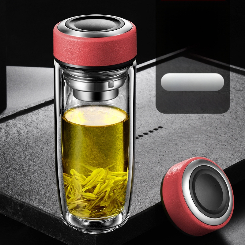 Διπλό τοίχωμα γυάλινο ποτήρι νερού από γυαλί υψηλής θερμοαντοχής με καπάκι και σουρωτήρι, ευφυής ένδειξη θερμοκρασίας, εκτυπωμένο λογότυπο, εταιρικό δώρο